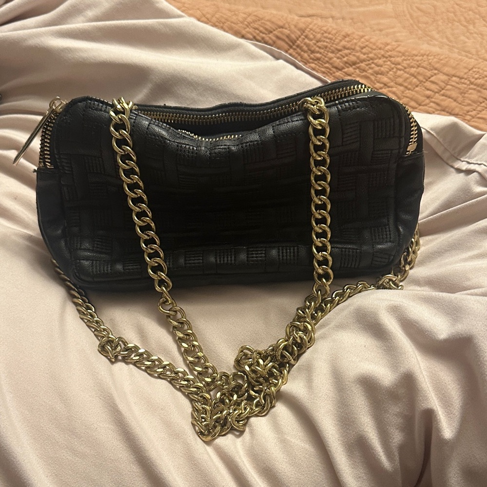 Big Buddha Black Textured Shoulder Bag with Gold Chain